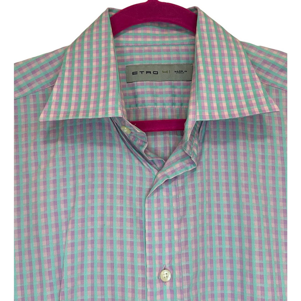 Etro Pink & Blue Check Cotton Dress Shirt Slim Fit sz 41=M EUC